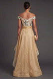 A Line Off the Shoulder Champagne Backless High Low Formal Dress