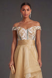 A Line Off the Shoulder Champagne Backless High Low Formal Dress