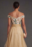 A Line Off the Shoulder Champagne Backless High Low Formal Dress