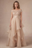 Beaded Blush Off the Shoulder A Line Ruffled Long Mother of the Bride Dress