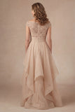 Beaded Blush Off the Shoulder A Line Ruffled Long Mother of the Bride Dress