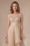 Beaded Blush Off the Shoulder A Line Ruffled Long Mother of the Bride Dress