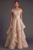 Beaded Champagne Off the Shoulder A Line Ruffled Long Formal Dress