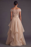 Beaded Champagne Off the Shoulder A Line Ruffled Long Formal Dress