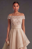 Beaded Champagne Off the Shoulder A Line Ruffled Long Formal Dress