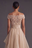 Beaded Champagne Off the Shoulder A Line Ruffled Long Formal Dress
