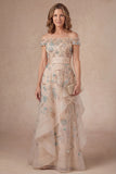 Sparkly Beaded Blush A Line Ruffled Off the Shoulder Long Mother of the Bride Dress