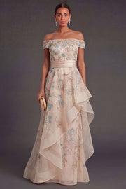 Sparkly Beaded Blush A Line Ruffled Off the Shoulder Long Formal Dress