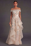 Sparkly Beaded Blush A Line Ruffled Off the Shoulder Long Formal Dress