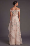 Sparkly Beaded Blush A Line Ruffled Off the Shoulder Long Formal Dress