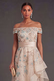 Sparkly Beaded Blush A Line Ruffled Off the Shoulder Long Formal Dress