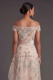 Sparkly Beaded Blush A Line Ruffled Off the Shoulder Long Formal Dress
