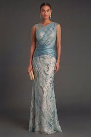 Sheath Sparkly Sequined Round Neck Lake Blue Long Prom Dress
