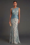 Sheath Sparkly Sequined Round Neck Lake Blue Long Prom Dress