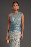 Sheath Sparkly Sequined Round Neck Lake Blue Long Prom Dress