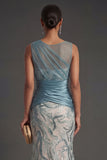 Sheath Sparkly Sequined Round Neck Lake Blue Long Prom Dress