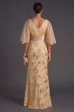 Champagne Sheath Floral Appliqued Illusion Neck Long Formal Dress