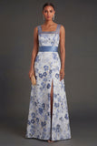 Dusty Blue Floral Thick Straps A Line Long Formal Dress with Slit