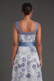 Dusty Blue Floral Thick Straps A Line Long Formal Dress with Slit