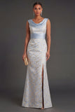 Light Blue Floral Sheath Cowl Neck Ruched Long Formal Dress with Slit
