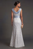 Light Blue Floral Sheath Cowl Neck Ruched Long Formal Dress with Slit