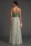 Green Floral A Line Strapless Ruched Long Formal Dress