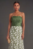 Green Floral A Line Strapless Ruched Long Formal Dress