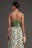 Green Floral A Line Strapless Ruched Long Formal Dress