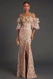 Sparkly Champagne Off the Shoulder Ruffled Sheath Long Formal Dress with Slit