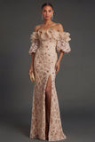 Sparkly Champagne Off the Shoulder Ruffled Sheath Long Formal Dress with Slit