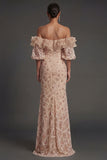 Sparkly Champagne Off the Shoulder Ruffled Sheath Long Formal Dress with Slit