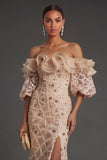 Sparkly Champagne Off the Shoulder Ruffled Sheath Long Formal Dress with Slit