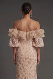 Sparkly Champagne Off the Shoulder Ruffled Sheath Long Formal Dress with Slit