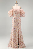 Sparkly Champagne Off the Shoulder Ruffled Sheath Long Formal Dress with Slit