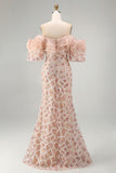 Sparkly Champagne Off the Shoulder Ruffled Sheath Long Formal Dress with Slit