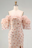 Sparkly Champagne Off the Shoulder Ruffled Sheath Long Formal Dress with Slit