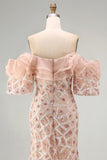 Sparkly Champagne Off the Shoulder Ruffled Sheath Long Formal Dress with Slit