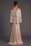 Satin Champagne Mermaid Sparkly Long Formal Dress with Cape