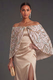 Satin Champagne Mermaid Sparkly Long Formal Dress with Cape