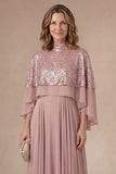 Pleated A Line Dusty Rose Sparkly Long Mother of the Bride Dress with Cape