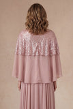 Pleated A Line Dusty Rose Sparkly Long Mother of the Bride Dress with Cape