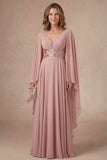 Dusty Rose A Line V Neck Ruffled Sparkly Long Mother of the Bride Dress