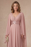Dusty Rose A Line V Neck Ruffled Sparkly Long Mother of the Bride Dress
