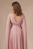 Dusty Rose A Line V Neck Ruffled Sparkly Long Mother of the Bride Dress