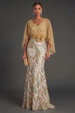 Mermaid Sparky Champagne V Neck Long Formal Dress with 3D Flower
