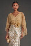 Mermaid Sparky Champagne V Neck Long Formal Dress with 3D Flower