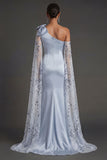 Satin Mermaid One Shoulder Backless Long Sky Blue Formal Dress with Bow
