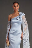 Satin Mermaid One Shoulder Backless Long Sky Blue Formal Dress with Bow