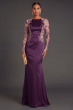 Long Sleeves Floral Appliqued Dark Purple Mermaid Satin Long Formal Dress