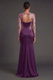 Long Sleeves Floral Appliqued Dark Purple Mermaid Satin Long Formal Dress